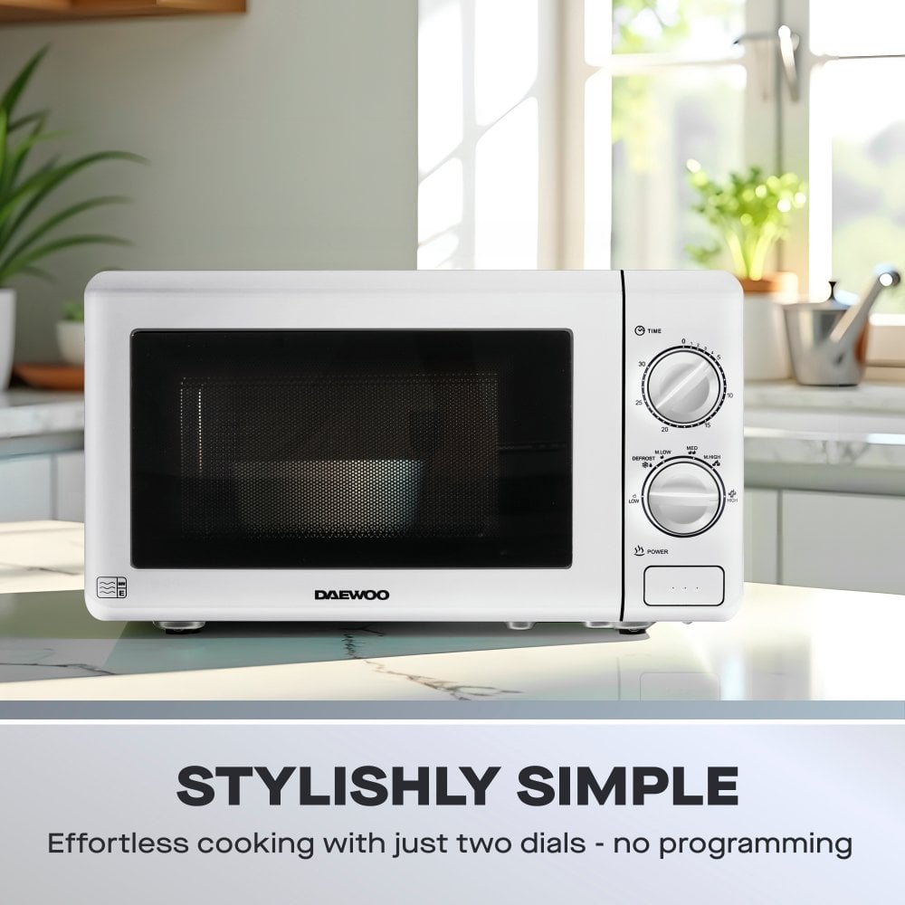 Daewoo 20L White Manual 800W Microwave with Stainless Steel Cavity SKU: SDA2075GE