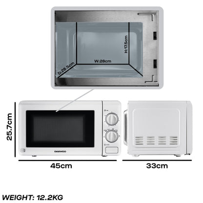Daewoo 20L White Manual 800W Microwave with Stainless Steel Cavity SKU: SDA2075GE
