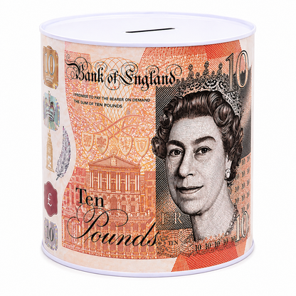 Money Tin Savings Bank – Metal Coin Box with Printed Banknote Designs, Available in 4 Sizes (Small, Medium, Large, Extra Large)