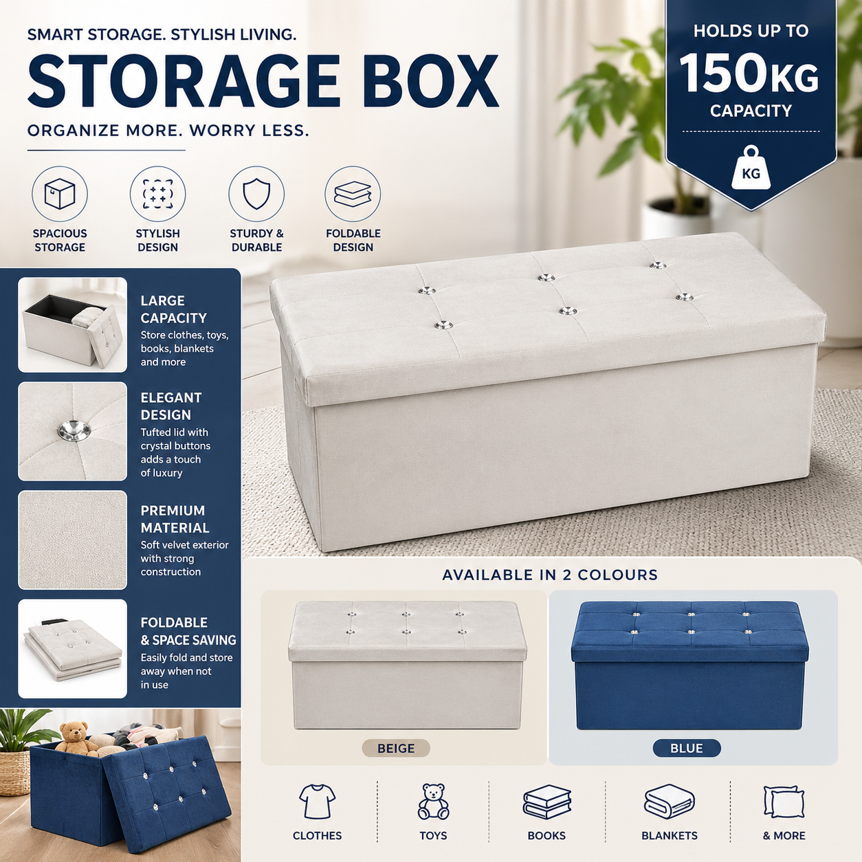Foldable Storage Ottoman Box – Heavy Duty 150kg Capacity