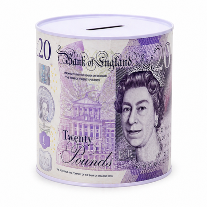 Money Tin Savings Bank – Metal Coin Box with Printed Banknote Designs, Available in 4 Sizes (Small, Medium, Large, Extra Large)