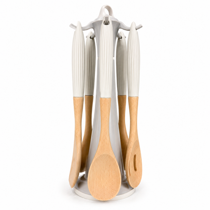 Bamboo Utensil Set 5PCS- with Rotating Stand Holder
