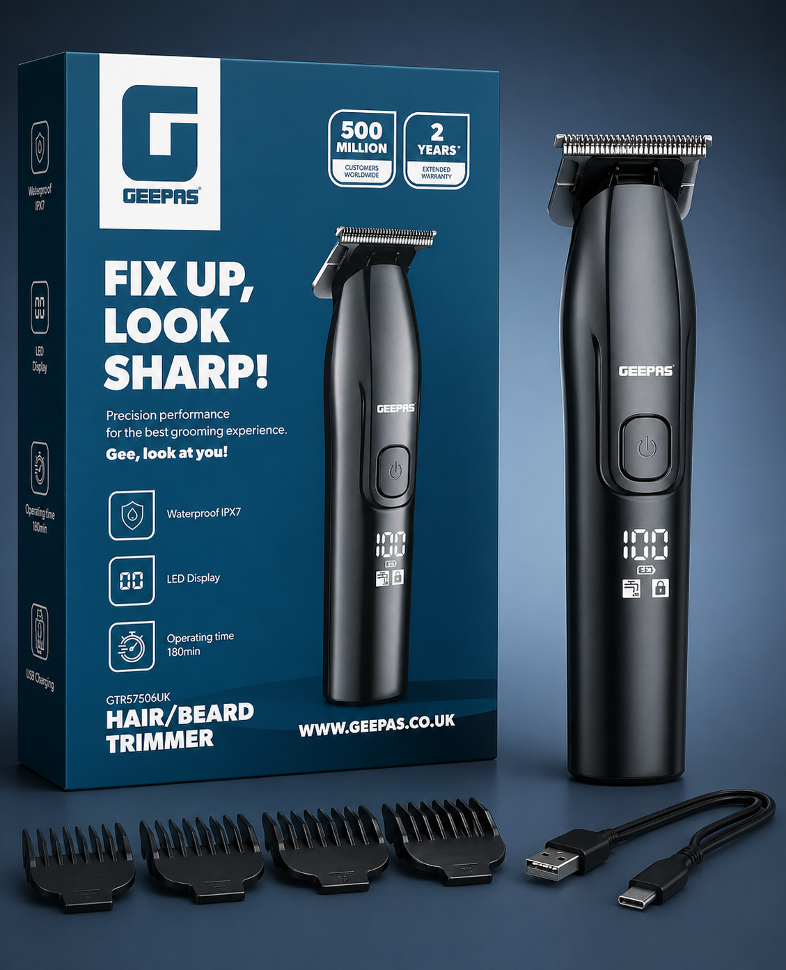 GEEPAS Brushed Stainless Steel Electric Rechargeable Hair & Beard Trimmer