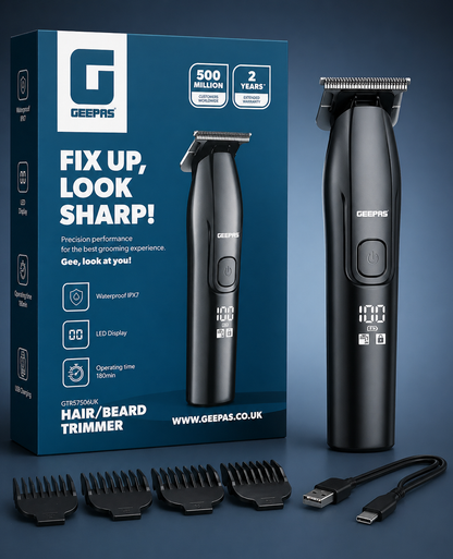 GEEPAS Brushed Stainless Steel Electric Rechargeable Hair & Beard Trimmer