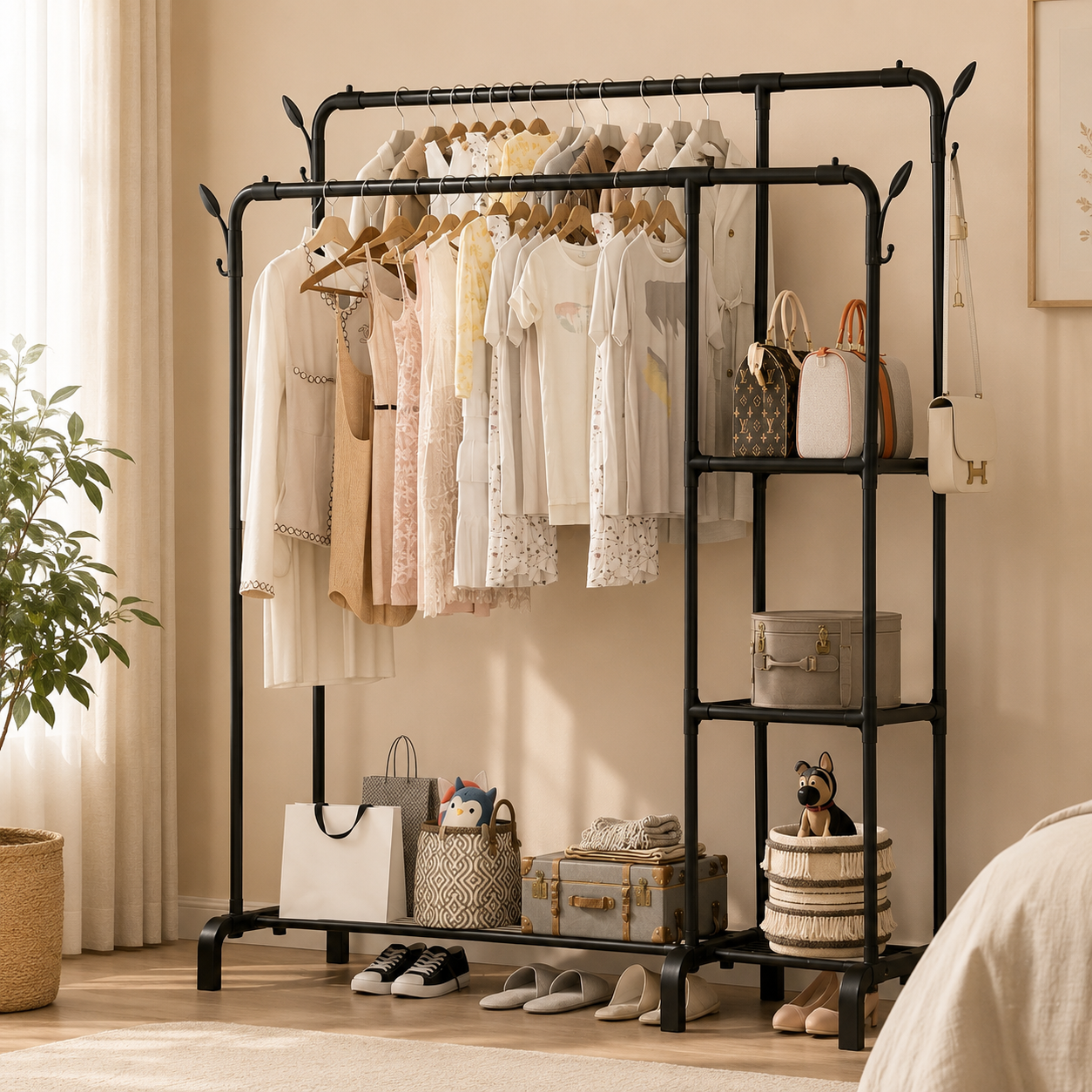 Heavy Duty Double Rail Clothes Rack with Shelves – 60KG Freestanding