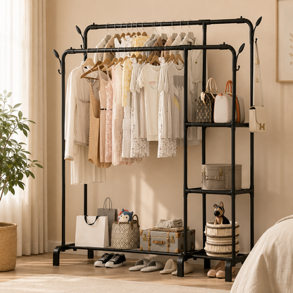 Heavy Duty Double Rail Clothes Rack with Shelves – 60KG Freestanding