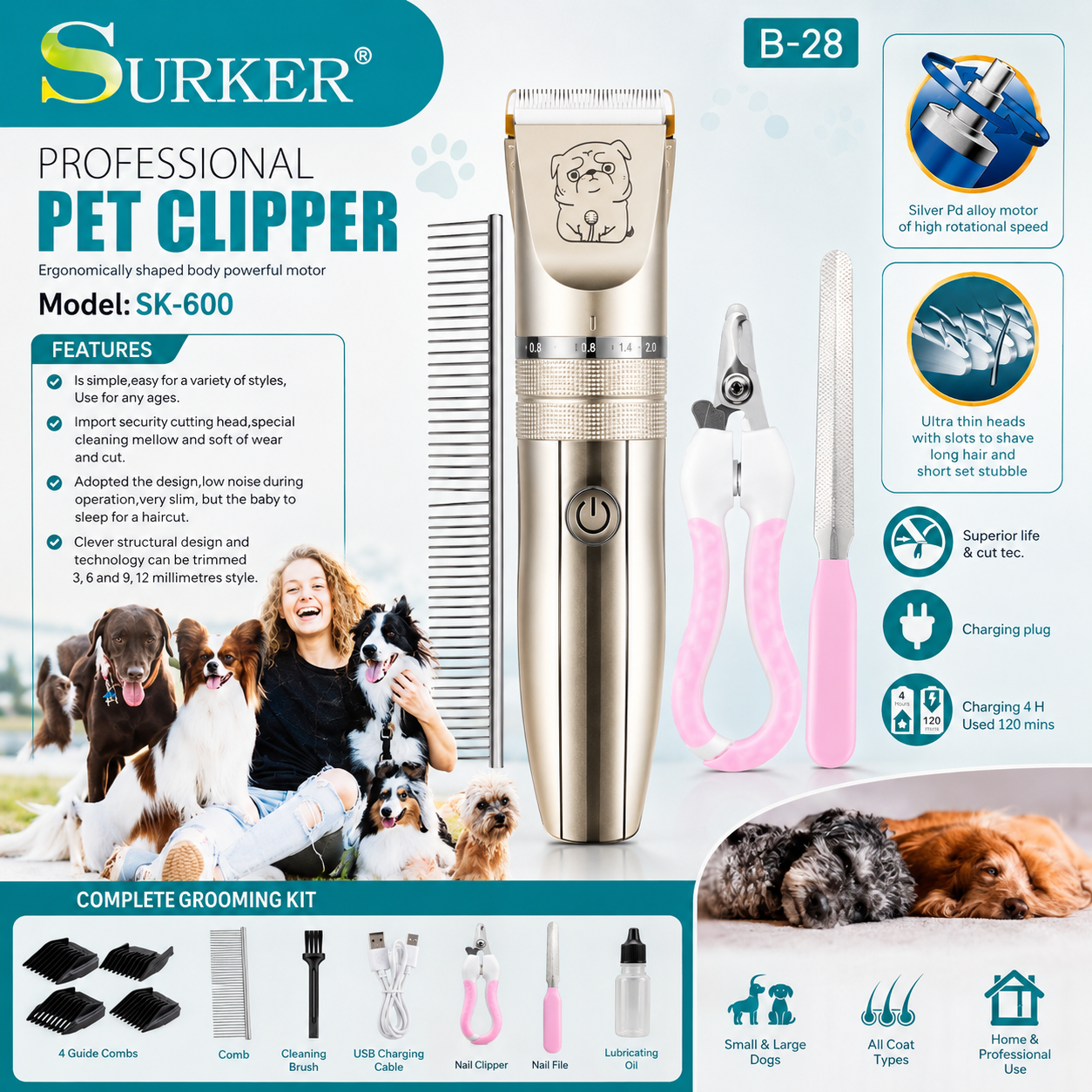 Surker SK-600 Professional Pet Grooming Clipper Kit
