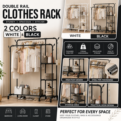 Heavy Duty Double Rail Clothes Rack with Shelves – 60KG Freestanding