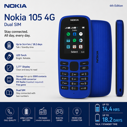Nokia 105 4G Dual SIM Mobile Phone 4th Edition Black Unlocked FM Radio LED Torch New