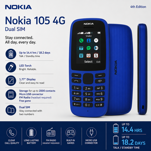 Nokia 105 4G Dual SIM Mobile Phone 4th Edition Black Unlocked FM Radio LED Torch New