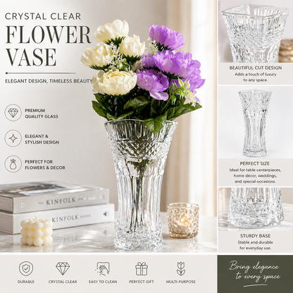Crystal Clear Glass Flower Vase – Elegant Cut Design Decorative Vase