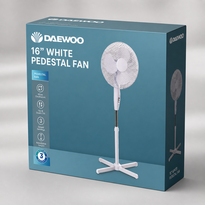 Daewoo 16" White Pedestal Fan with Cross base